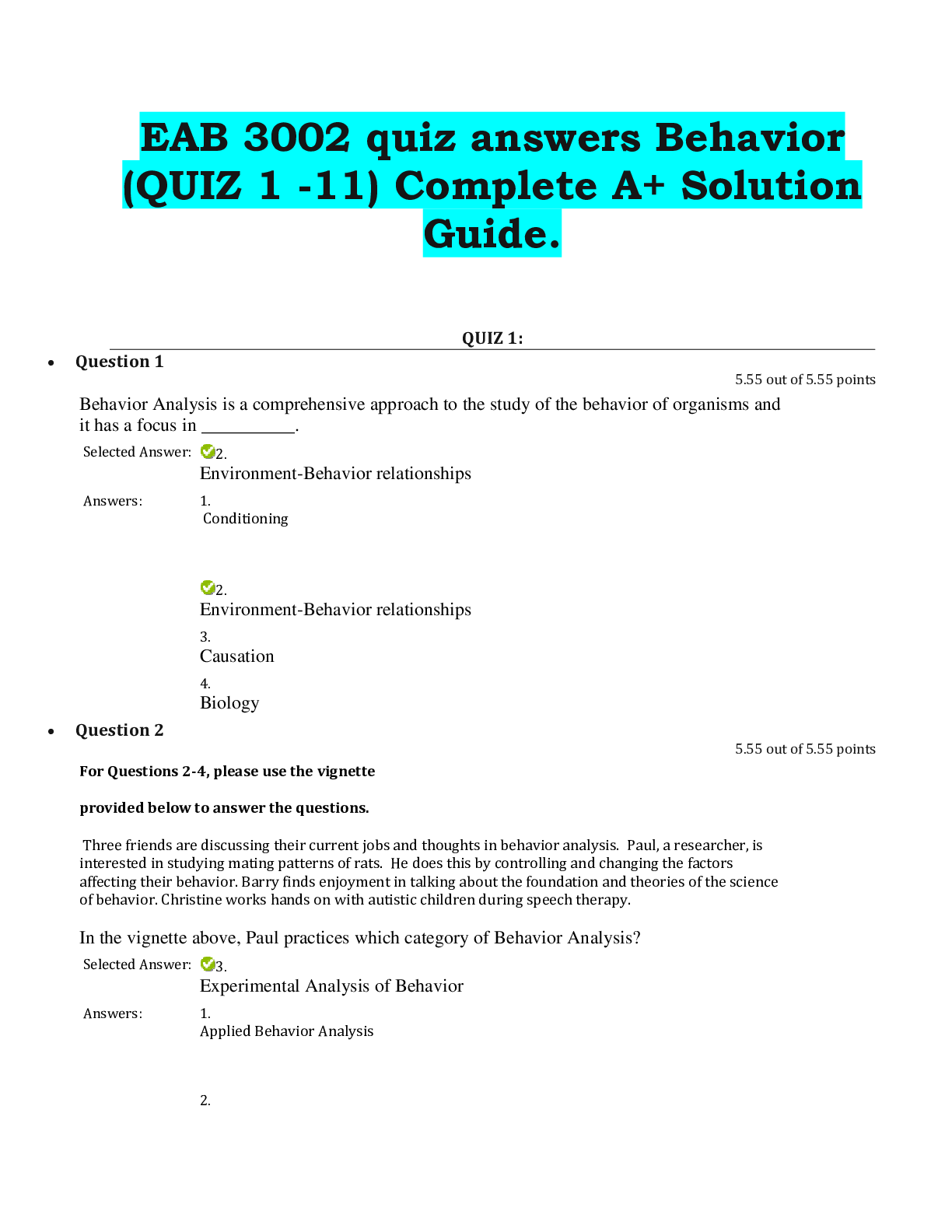 EAB 3002 quiz answers Behavior (QUIZ 1 -11) Complete A+ Solution Guide.